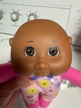 Plush Baby Doll in Brown with Pink Floral Outfit - Soft Cuddly Play Doll
